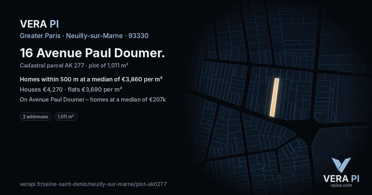16 Avenue Paul Doumer, Neuilly-sur-Marne at night – the plot lit, the parcels around coloured by the prices near them