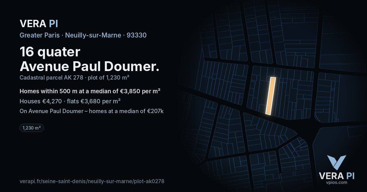 16 quater Avenue Paul Doumer, Neuilly-sur-Marne at night – the plot lit, the parcels around coloured by the prices near them