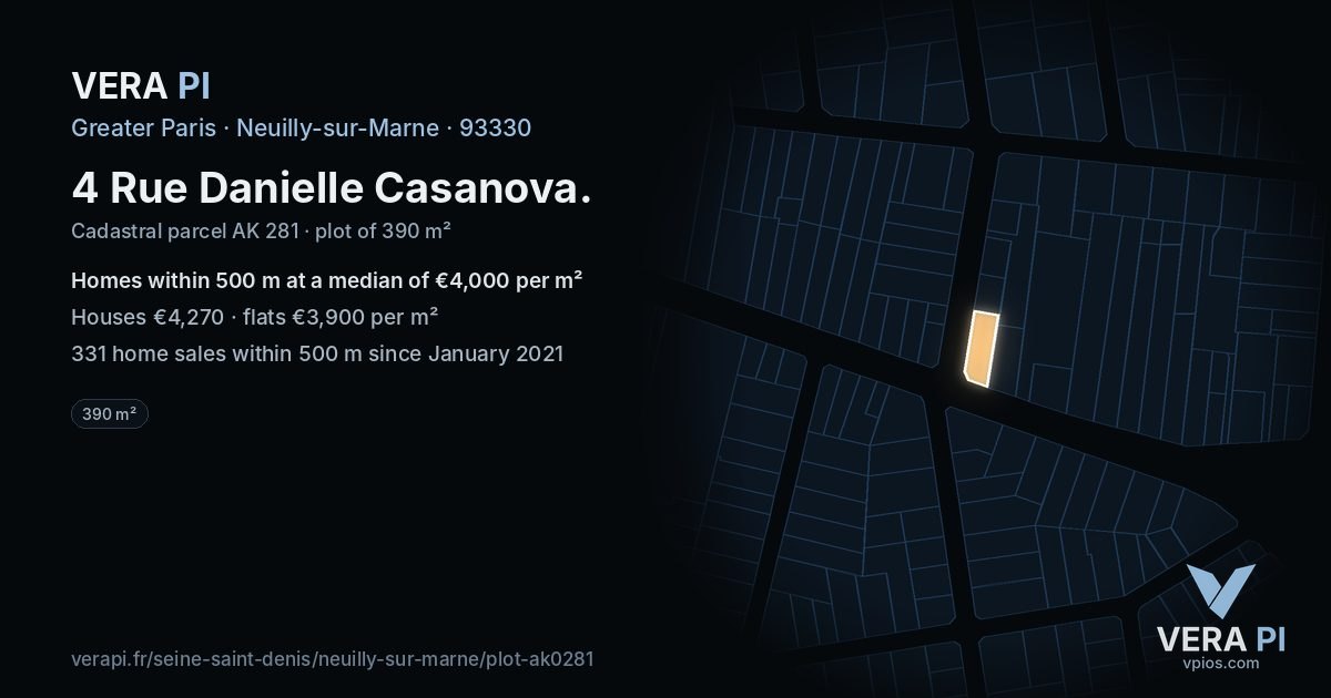 4 Rue Danielle Casanova, Neuilly-sur-Marne at night – the plot lit, the parcels around coloured by the prices near them