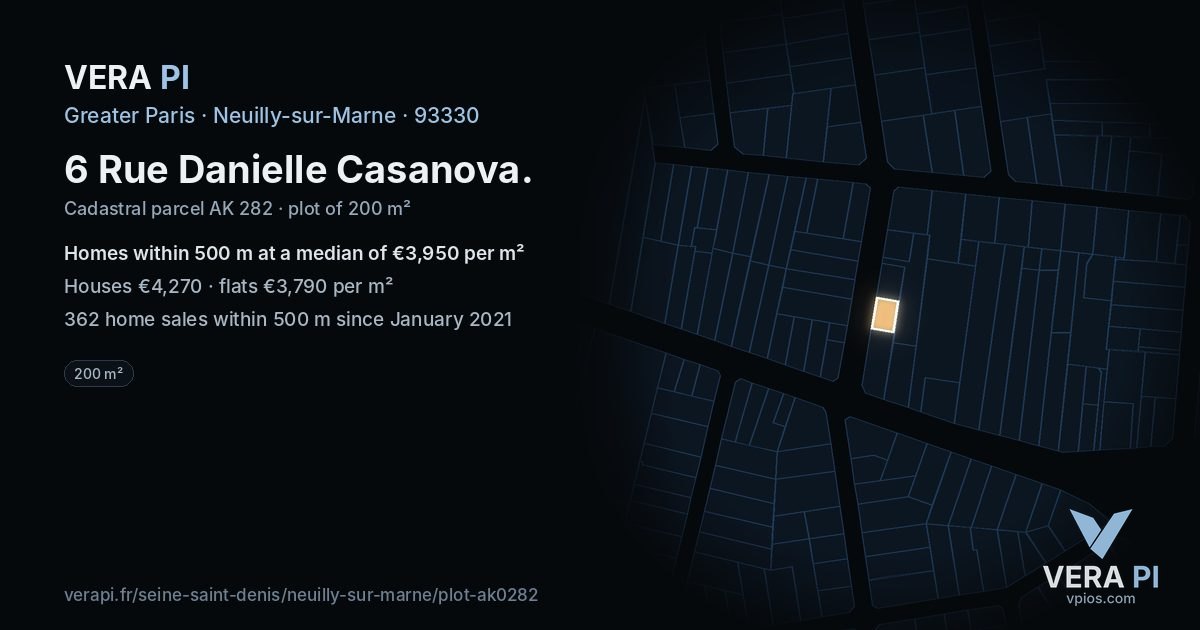6 Rue Danielle Casanova, Neuilly-sur-Marne at night – the plot lit, the parcels around coloured by the prices near them