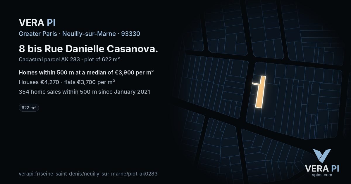 8 bis Rue Danielle Casanova, Neuilly-sur-Marne at night – the plot lit, the parcels around coloured by the prices near them
