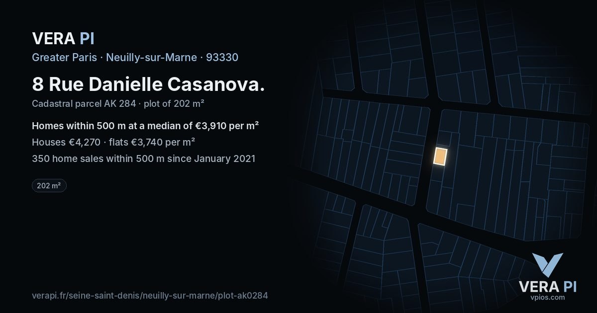 8 Rue Danielle Casanova, Neuilly-sur-Marne at night – the plot lit, the parcels around coloured by the prices near them