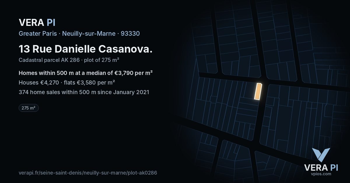 13 Rue Danielle Casanova, Neuilly-sur-Marne at night – the plot lit, the parcels around coloured by the prices near them