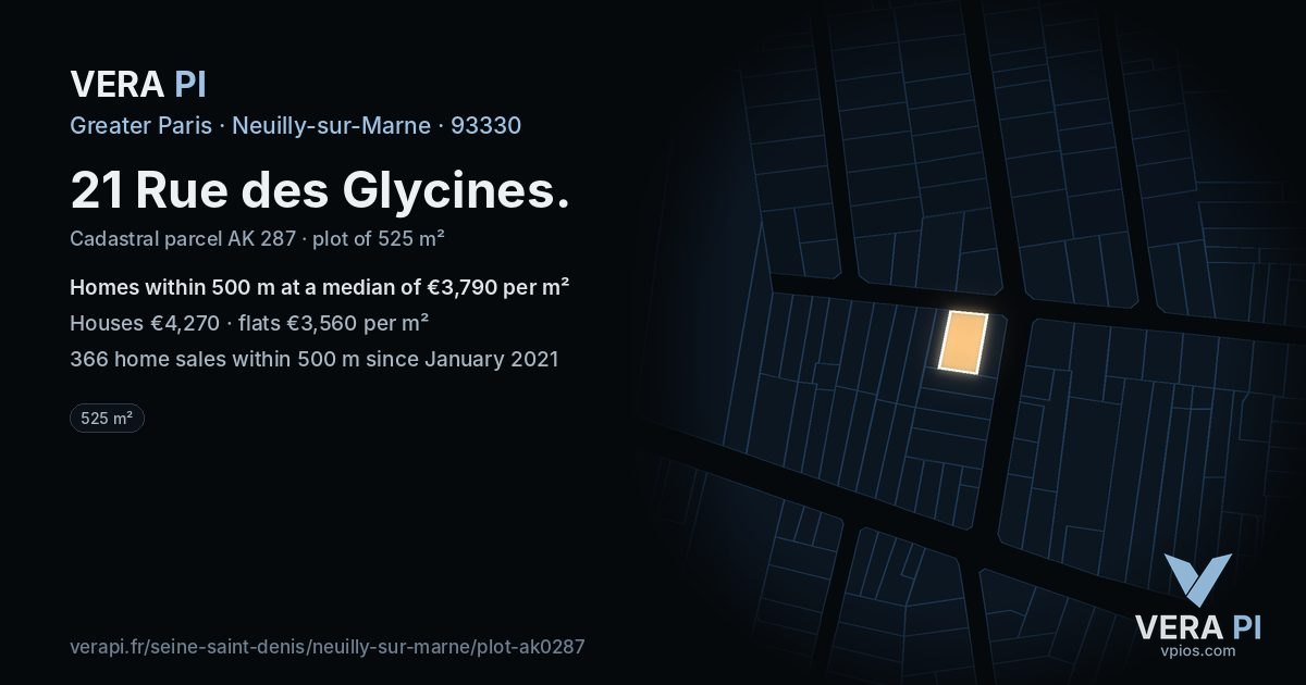 21 Rue des Glycines, Neuilly-sur-Marne at night – the plot lit, the parcels around coloured by the prices near them