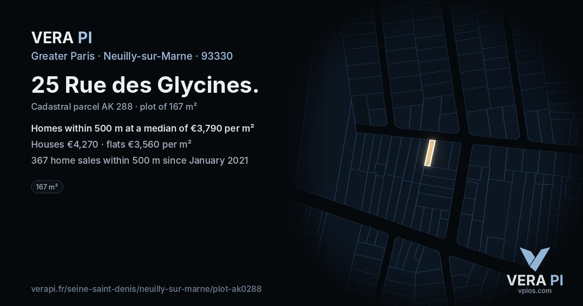 25 Rue des Glycines, Neuilly-sur-Marne at night – the plot lit, the parcels around coloured by the prices near them