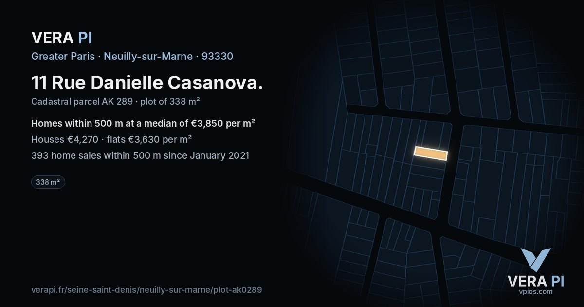 11 Rue Danielle Casanova, Neuilly-sur-Marne at night – the plot lit, the parcels around coloured by the prices near them