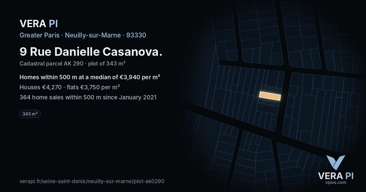 9 Rue Danielle Casanova, Neuilly-sur-Marne at night – the plot lit, the parcels around coloured by the prices near them