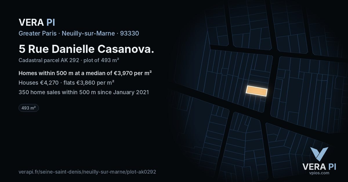 5 Rue Danielle Casanova, Neuilly-sur-Marne at night – the plot lit, the parcels around coloured by the prices near them