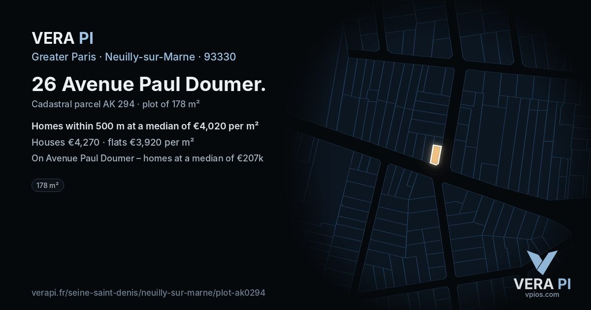 26 Avenue Paul Doumer, Neuilly-sur-Marne at night – the plot lit, the parcels around coloured by the prices near them