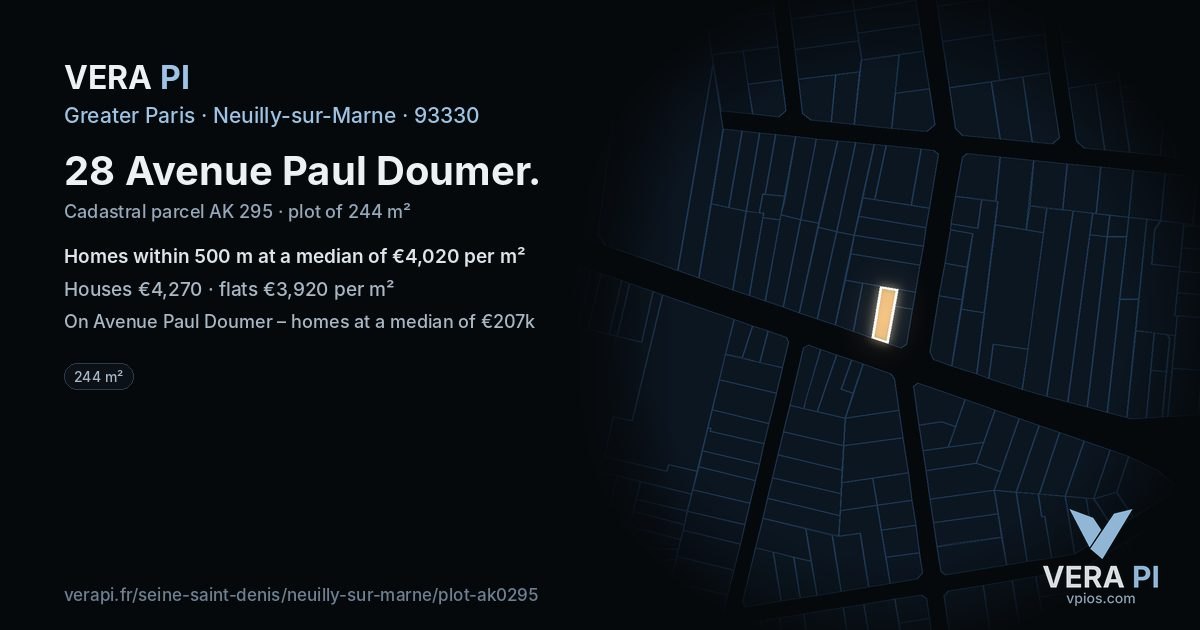 28 Avenue Paul Doumer, Neuilly-sur-Marne at night – the plot lit, the parcels around coloured by the prices near them