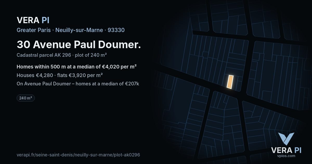 30 Avenue Paul Doumer, Neuilly-sur-Marne at night – the plot lit, the parcels around coloured by the prices near them