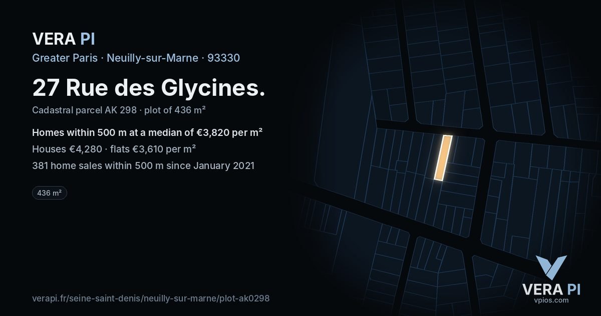 27 Rue des Glycines, Neuilly-sur-Marne at night – the plot lit, the parcels around coloured by the prices near them