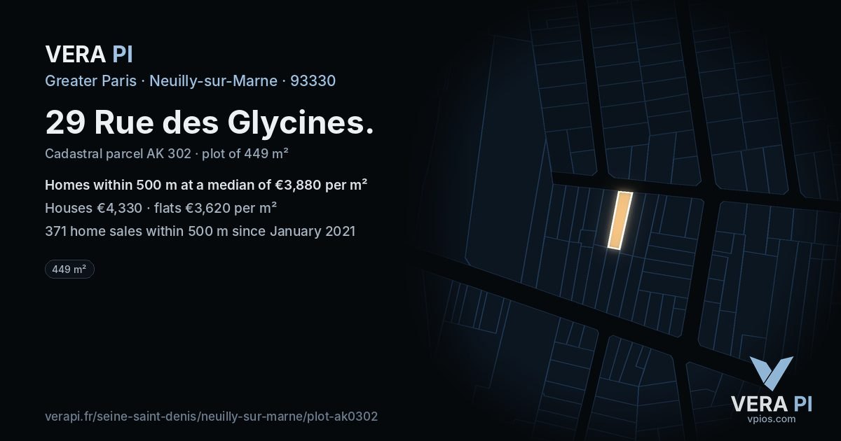 29 Rue des Glycines, Neuilly-sur-Marne at night – the plot lit, the parcels around coloured by the prices near them