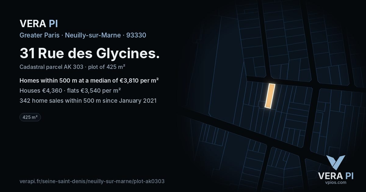 31 Rue des Glycines, Neuilly-sur-Marne at night – the plot lit, the parcels around coloured by the prices near them