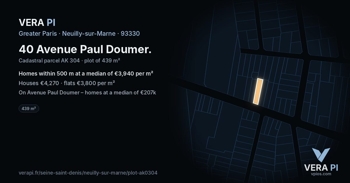 40 Avenue Paul Doumer, Neuilly-sur-Marne at night – the plot lit, the parcels around coloured by the prices near them
