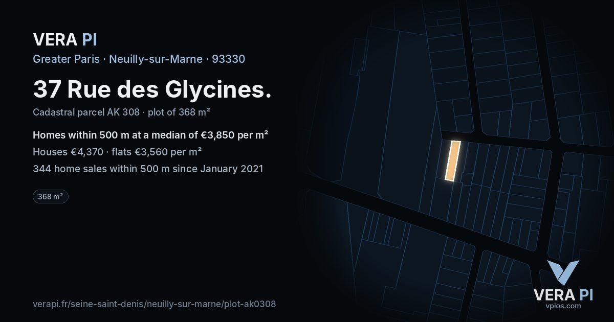 37 Rue des Glycines, Neuilly-sur-Marne at night – the plot lit, the parcels around coloured by the prices near them