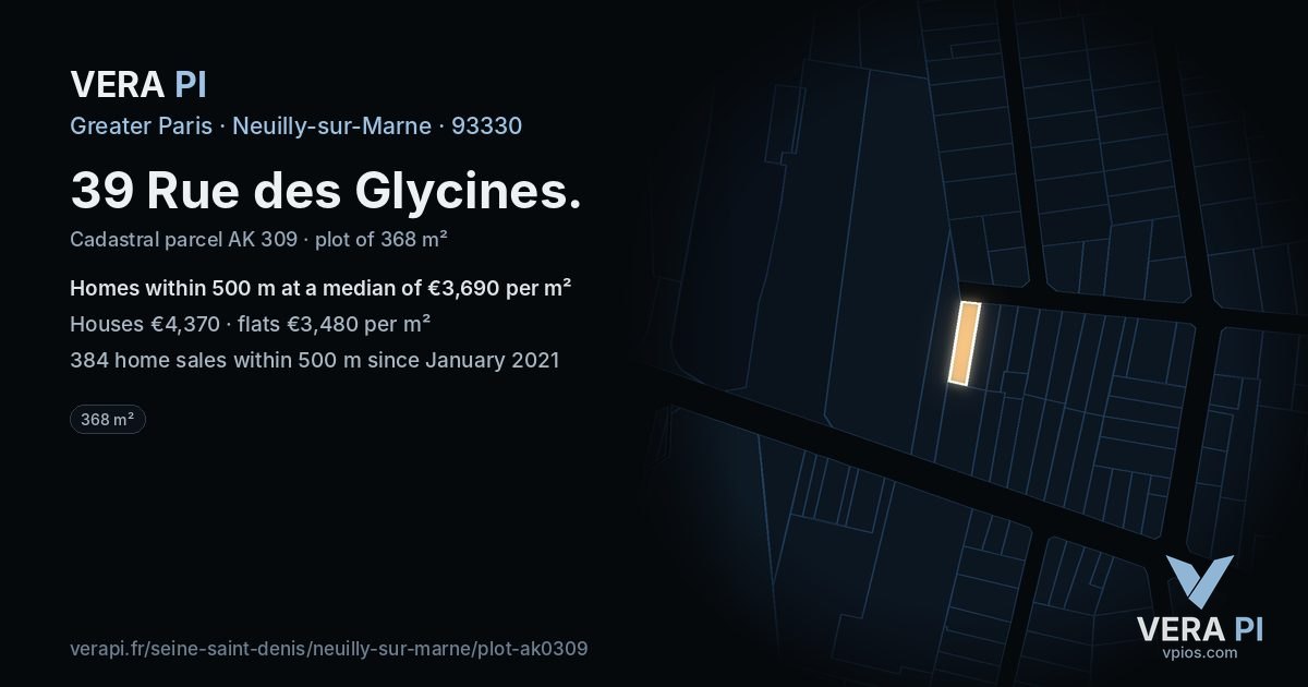 39 Rue des Glycines, Neuilly-sur-Marne at night – the plot lit, the parcels around coloured by the prices near them