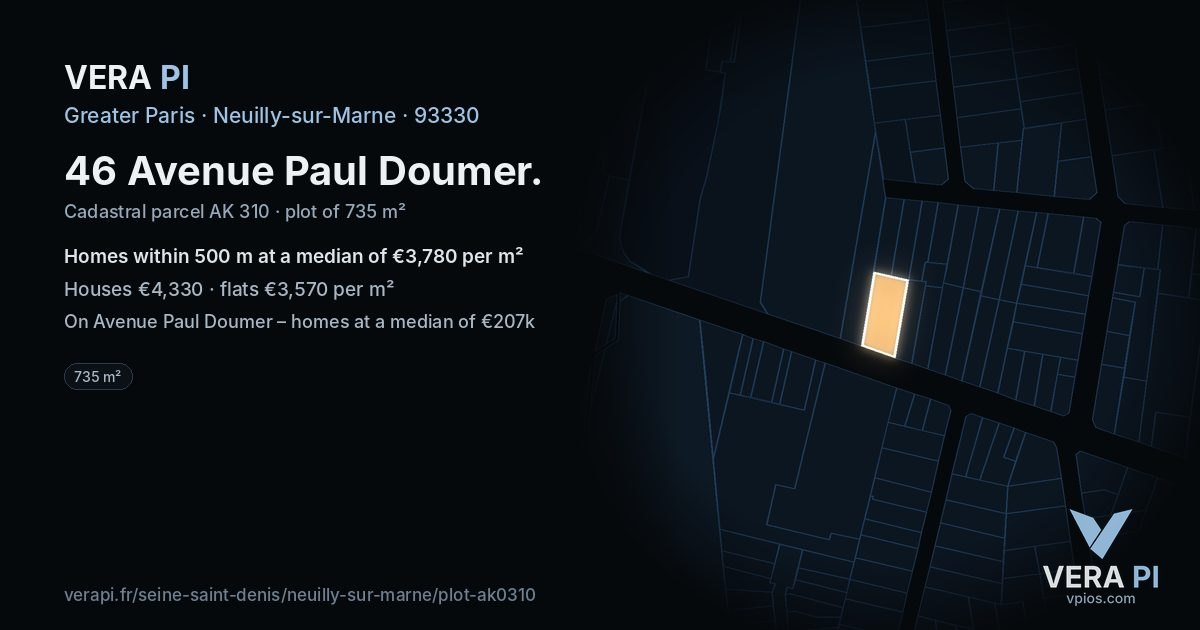 46 Avenue Paul Doumer, Neuilly-sur-Marne at night – the plot lit, the parcels around coloured by the prices near them