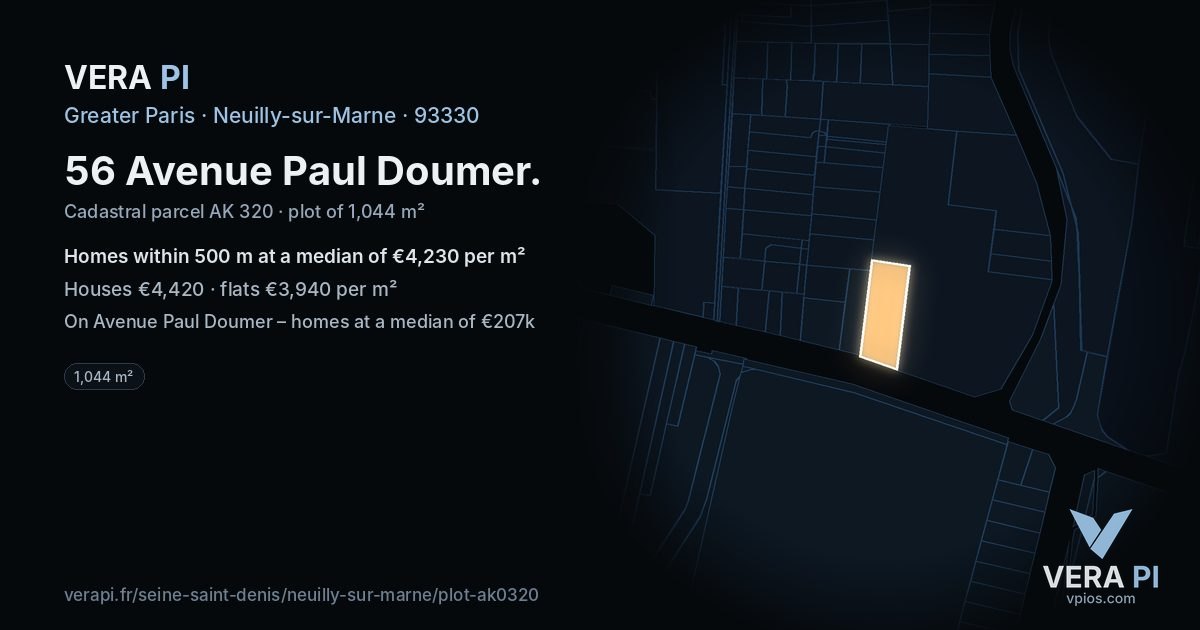 56 Avenue Paul Doumer, Neuilly-sur-Marne at night – the plot lit, the parcels around coloured by the prices near them