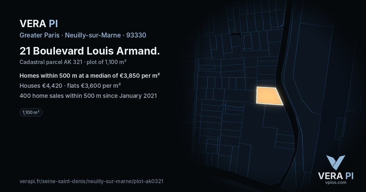21 Boulevard Louis Armand, Neuilly-sur-Marne at night – the plot lit, the parcels around coloured by the prices near them