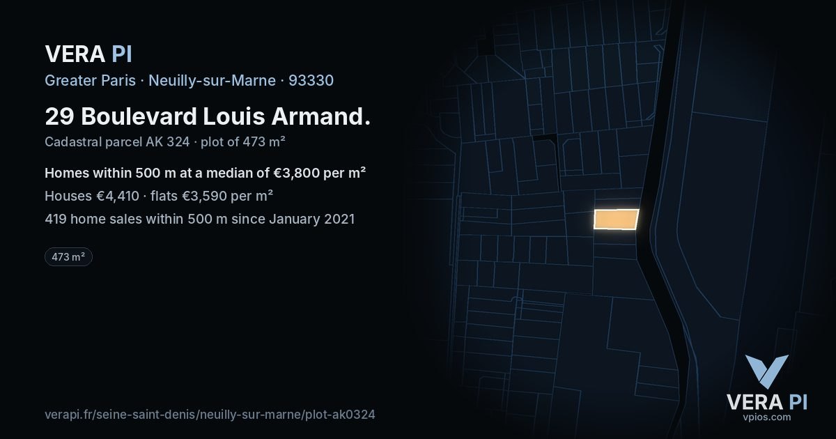 29 Boulevard Louis Armand, Neuilly-sur-Marne at night – the plot lit, the parcels around coloured by the prices near them