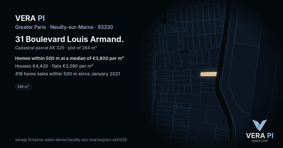31 Boulevard Louis Armand, Neuilly-sur-Marne at night – the plot lit, the parcels around coloured by the prices near them