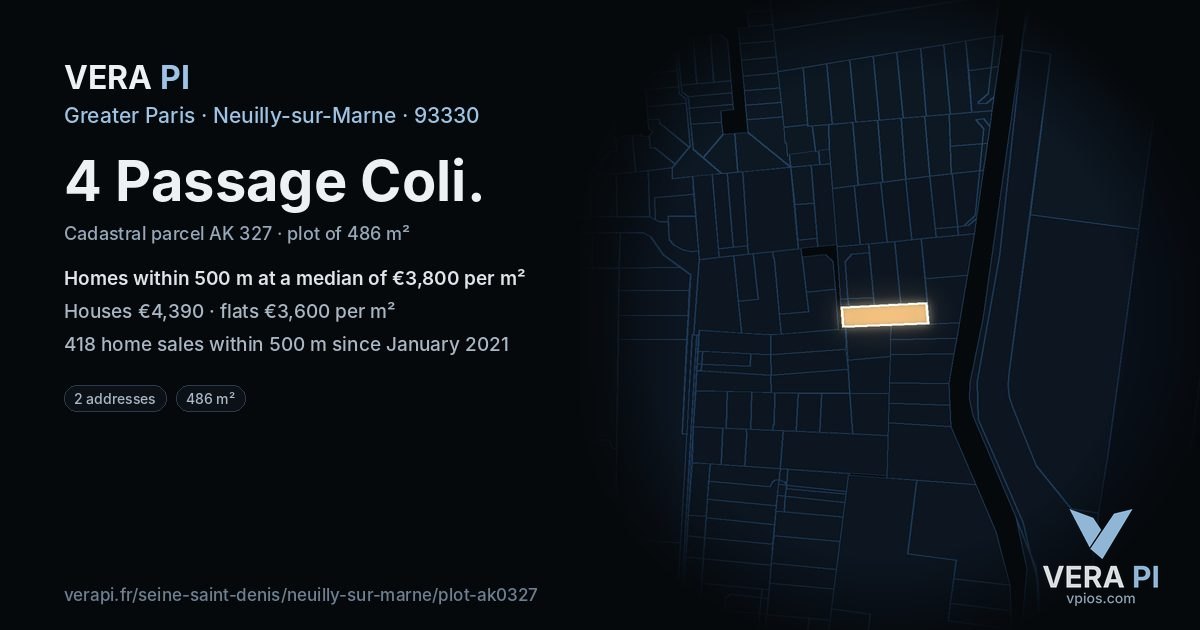4 Passage Coli, Neuilly-sur-Marne at night – the plot lit, the parcels around coloured by the prices near them