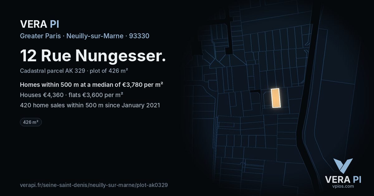 12 Rue Nungesser, Neuilly-sur-Marne at night – the plot lit, the parcels around coloured by the prices near them