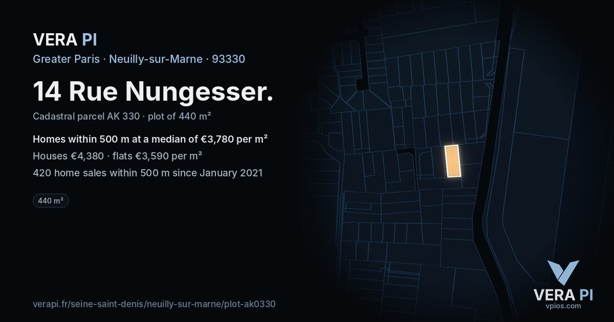 14 Rue Nungesser, Neuilly-sur-Marne at night – the plot lit, the parcels around coloured by the prices near them