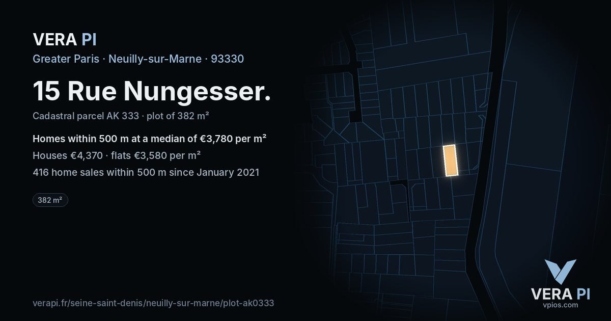 15 Rue Nungesser, Neuilly-sur-Marne at night – the plot lit, the parcels around coloured by the prices near them