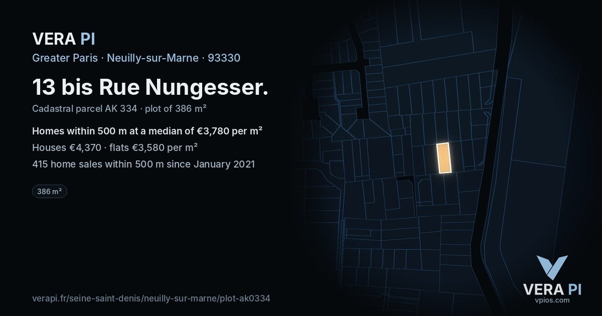 13 bis Rue Nungesser, Neuilly-sur-Marne at night – the plot lit, the parcels around coloured by the prices near them