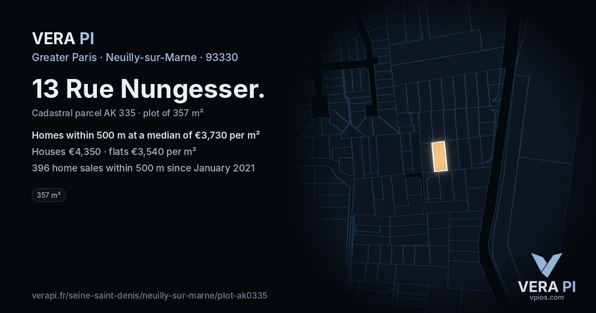 13 Rue Nungesser, Neuilly-sur-Marne at night – the plot lit, the parcels around coloured by the prices near them