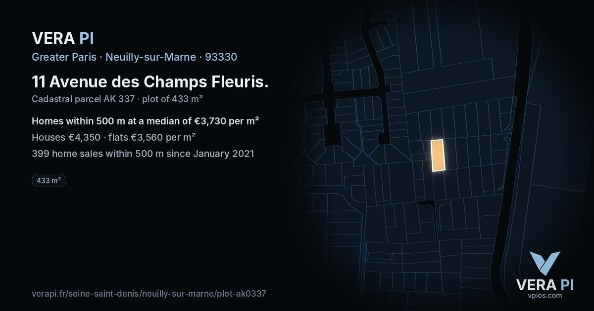 11 Avenue des Champs Fleuris, Neuilly-sur-Marne at night – the plot lit, the parcels around coloured by the prices near them