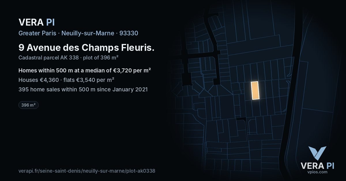 9 Avenue des Champs Fleuris, Neuilly-sur-Marne at night – the plot lit, the parcels around coloured by the prices near them