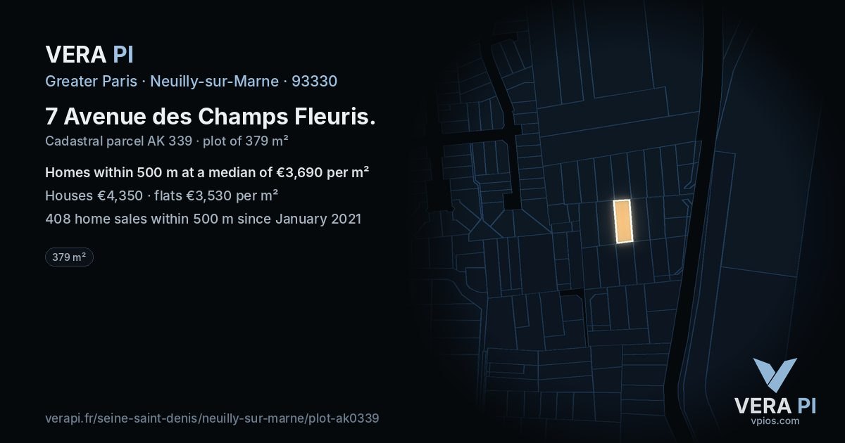 7 Avenue des Champs Fleuris, Neuilly-sur-Marne at night – the plot lit, the parcels around coloured by the prices near them
