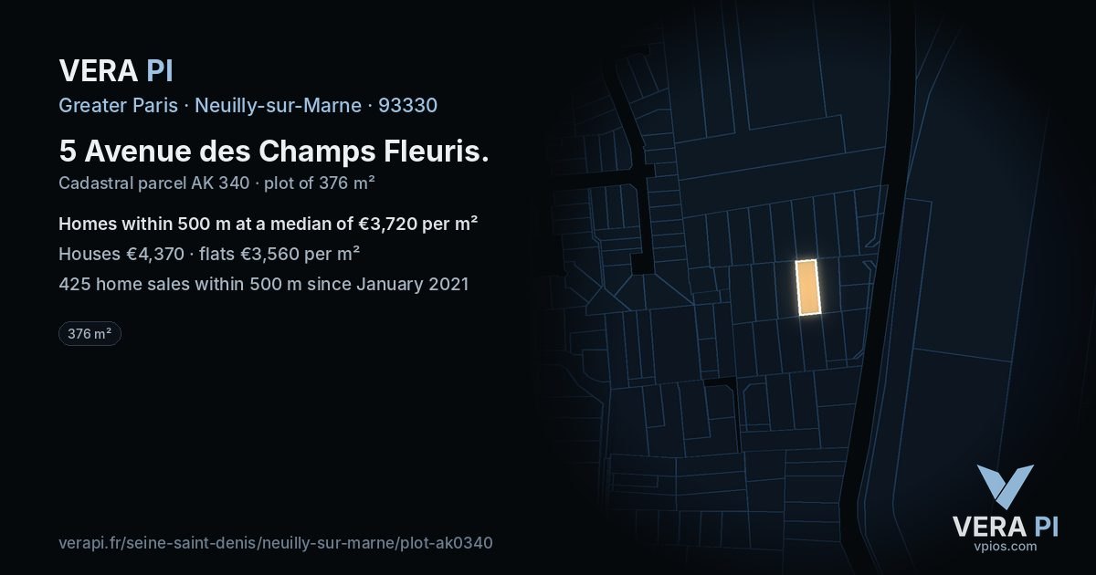 5 Avenue des Champs Fleuris, Neuilly-sur-Marne at night – the plot lit, the parcels around coloured by the prices near them