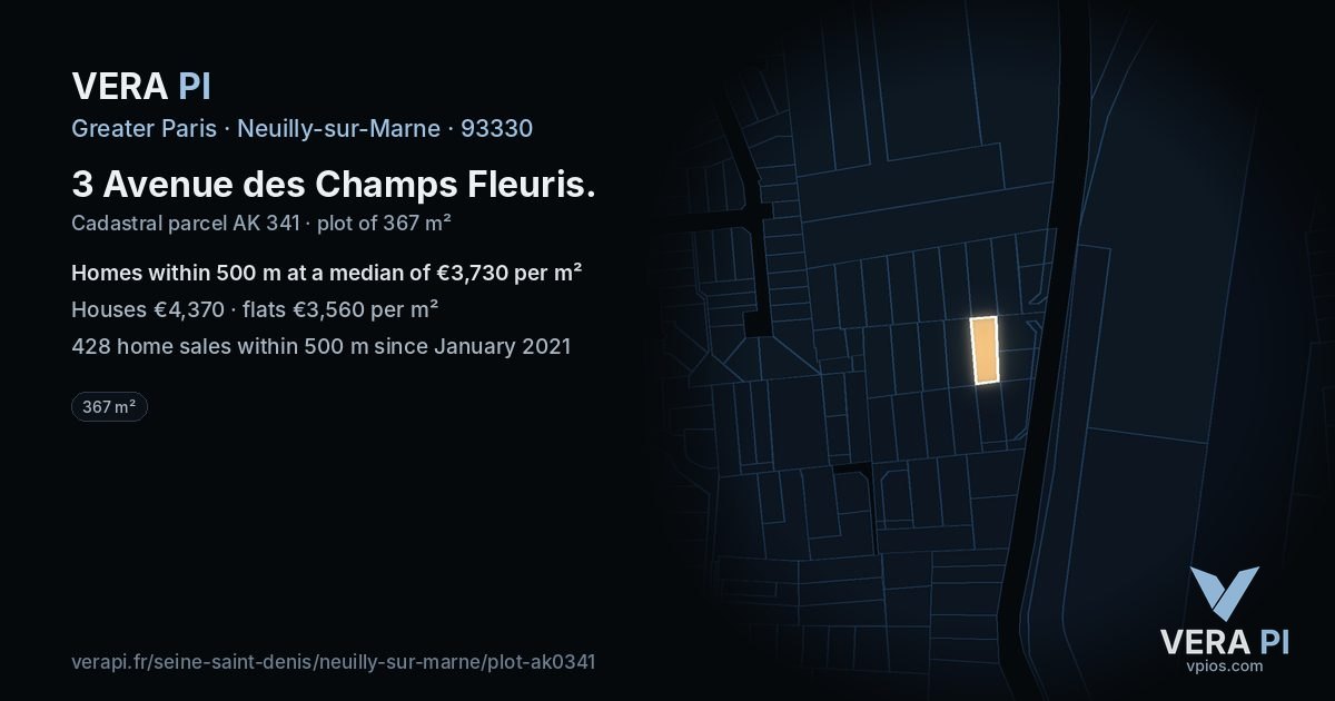 3 Avenue des Champs Fleuris, Neuilly-sur-Marne at night – the plot lit, the parcels around coloured by the prices near them