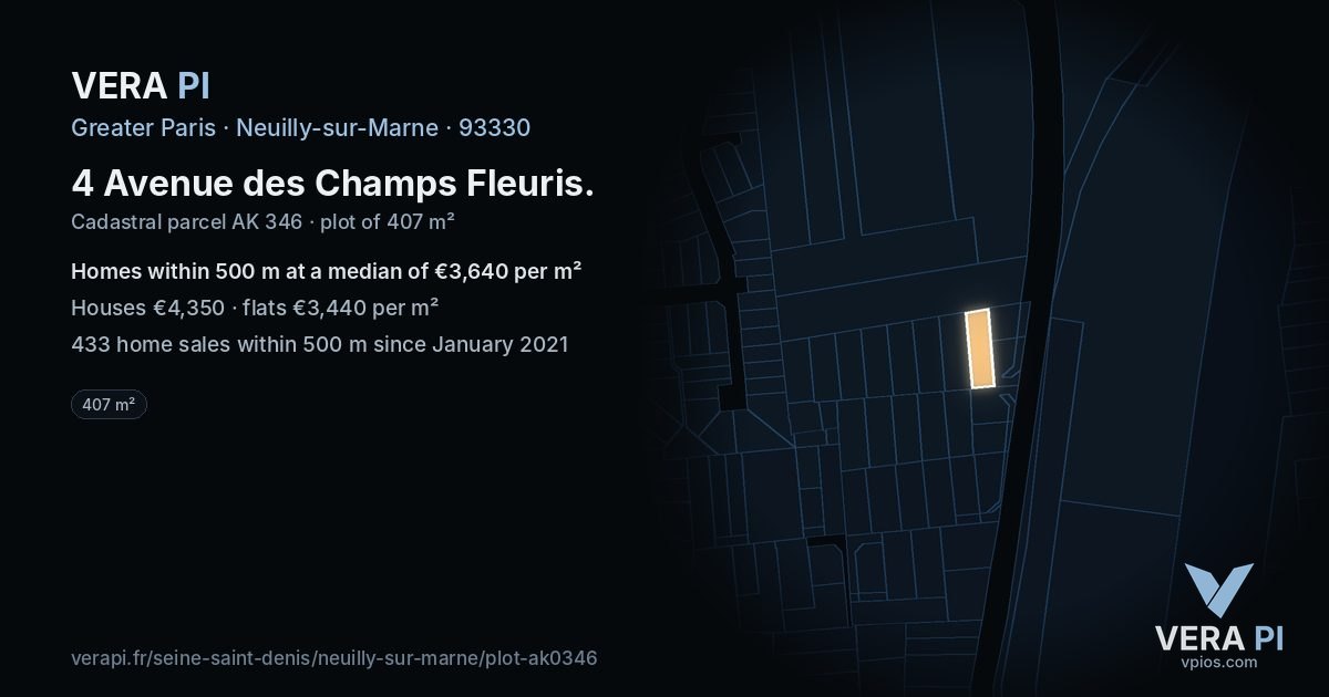 4 Avenue des Champs Fleuris, Neuilly-sur-Marne at night – the plot lit, the parcels around coloured by the prices near them