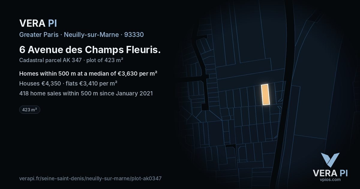 6 Avenue des Champs Fleuris, Neuilly-sur-Marne at night – the plot lit, the parcels around coloured by the prices near them