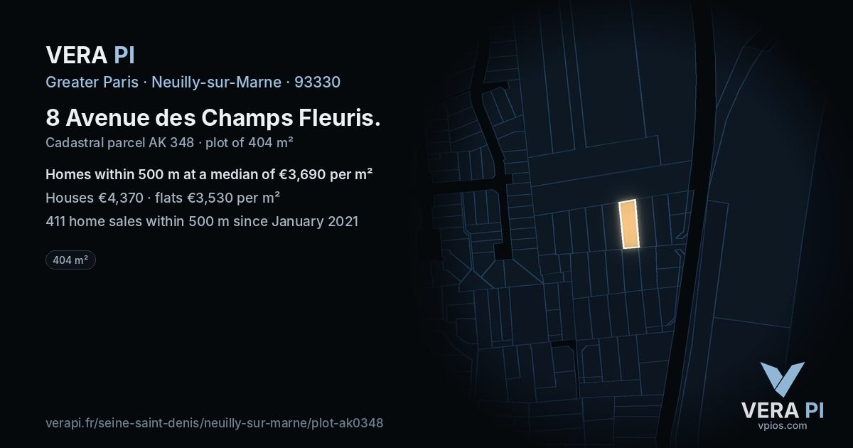8 Avenue des Champs Fleuris, Neuilly-sur-Marne at night – the plot lit, the parcels around coloured by the prices near them