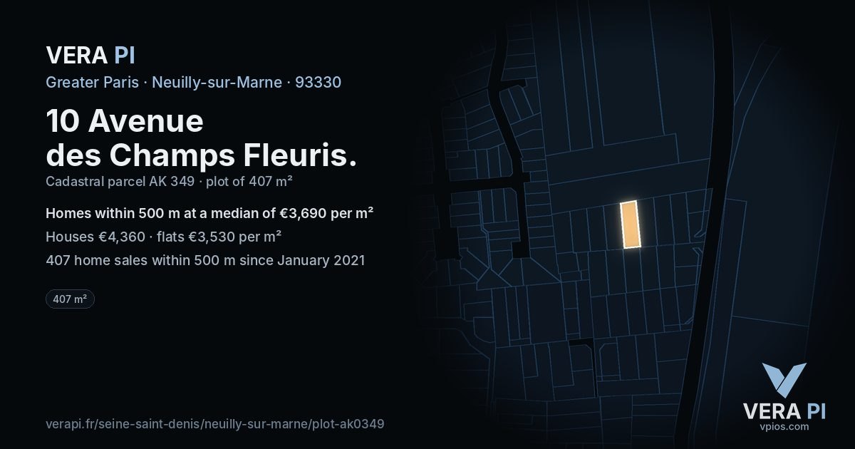 10 Avenue des Champs Fleuris, Neuilly-sur-Marne at night – the plot lit, the parcels around coloured by the prices near them