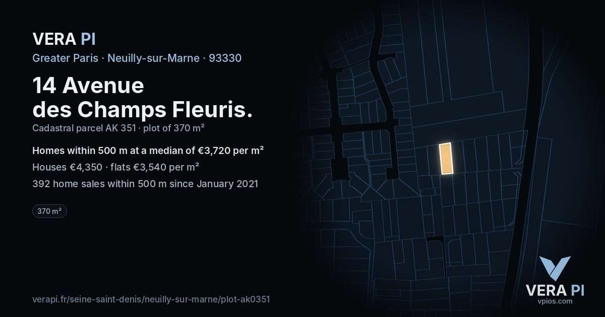 14 Avenue des Champs Fleuris, Neuilly-sur-Marne at night – the plot lit, the parcels around coloured by the prices near them