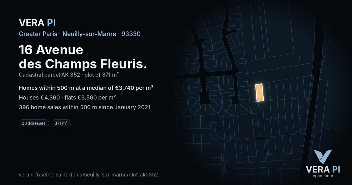 16 Avenue des Champs Fleuris, Neuilly-sur-Marne at night – the plot lit, the parcels around coloured by the prices near them