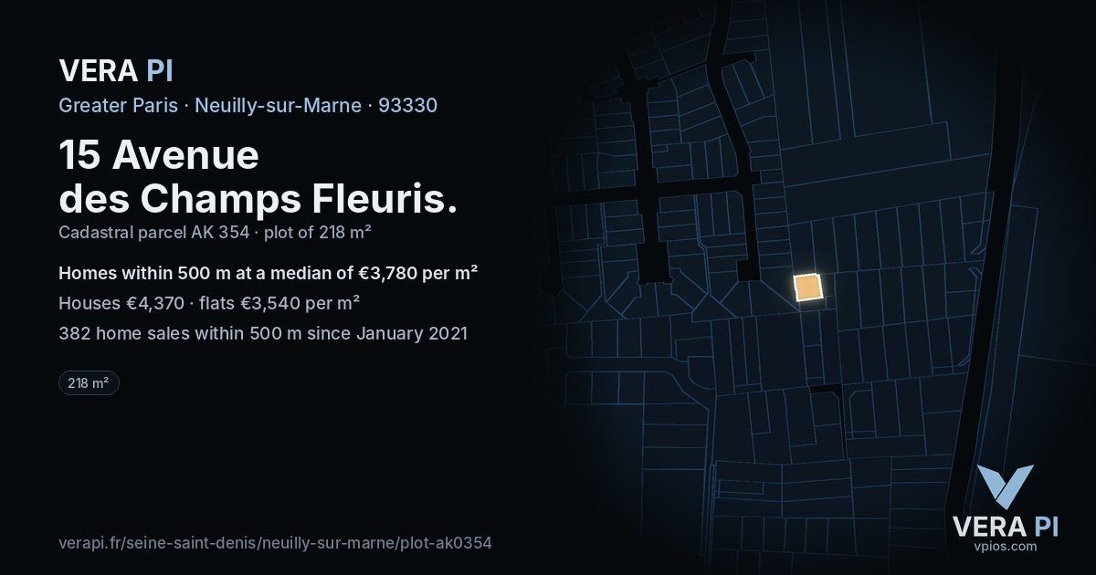 15 Avenue des Champs Fleuris, Neuilly-sur-Marne at night – the plot lit, the parcels around coloured by the prices near them