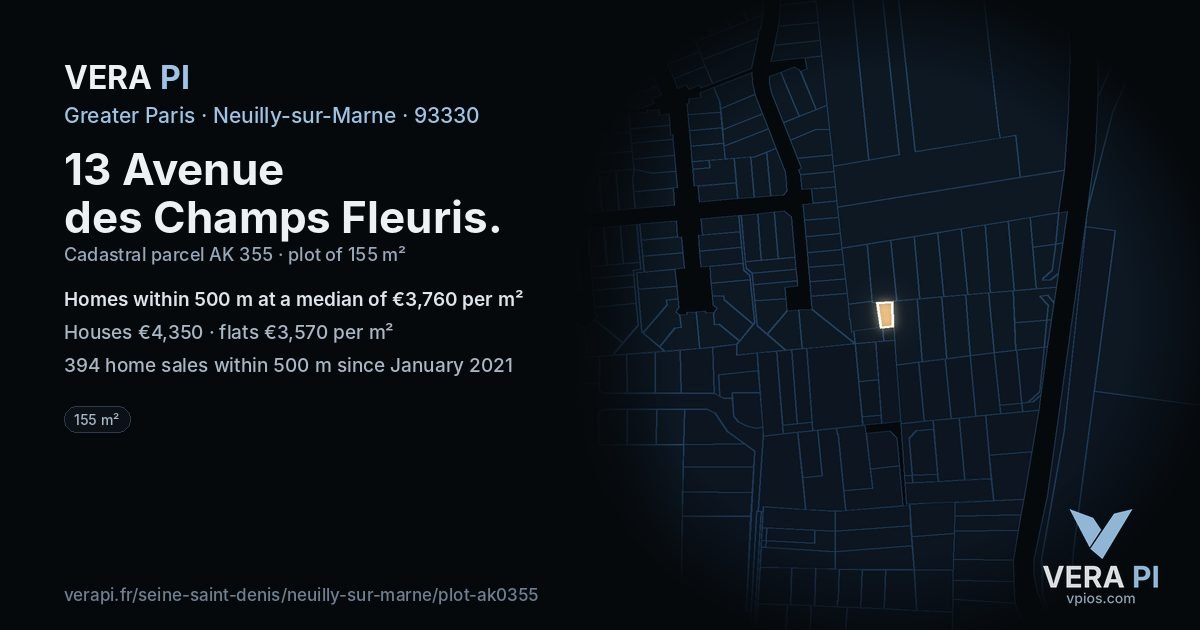 13 Avenue des Champs Fleuris, Neuilly-sur-Marne at night – the plot lit, the parcels around coloured by the prices near them