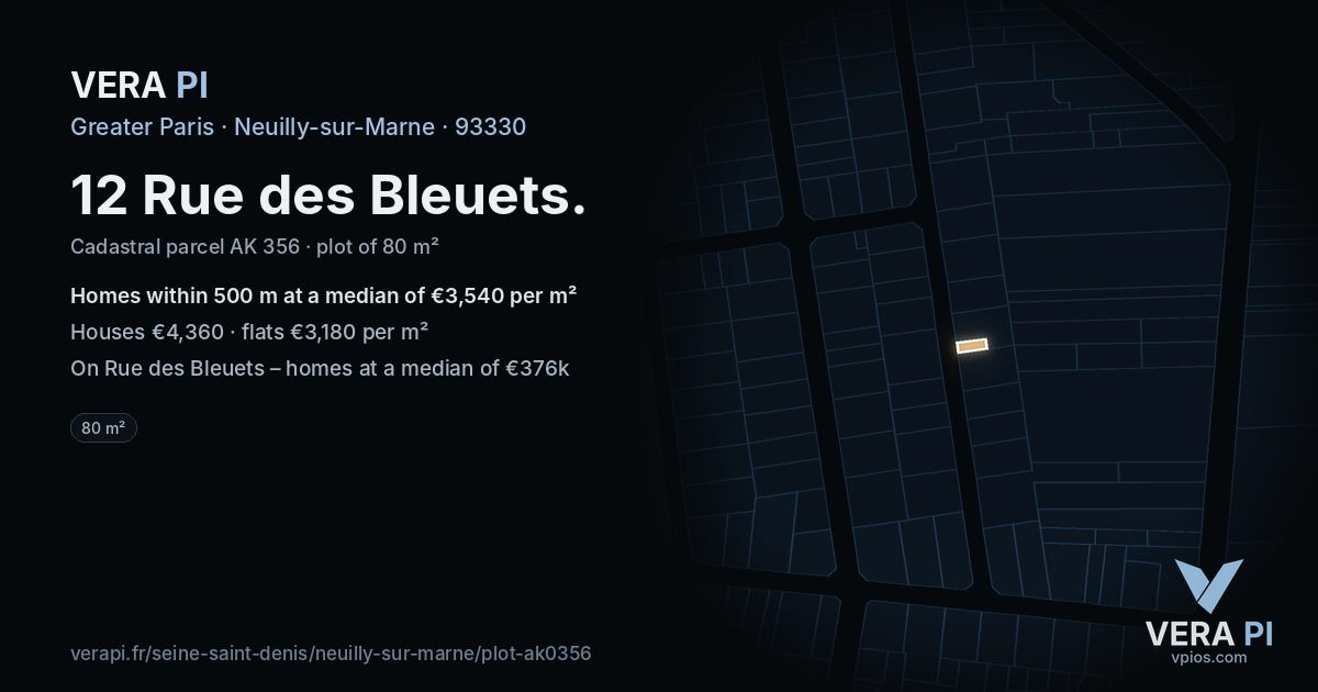12 Rue des Bleuets, Neuilly-sur-Marne at night – the plot lit, the parcels around coloured by the prices near them