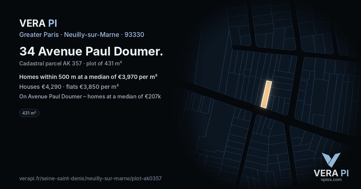 34 Avenue Paul Doumer, Neuilly-sur-Marne at night – the plot lit, the parcels around coloured by the prices near them
