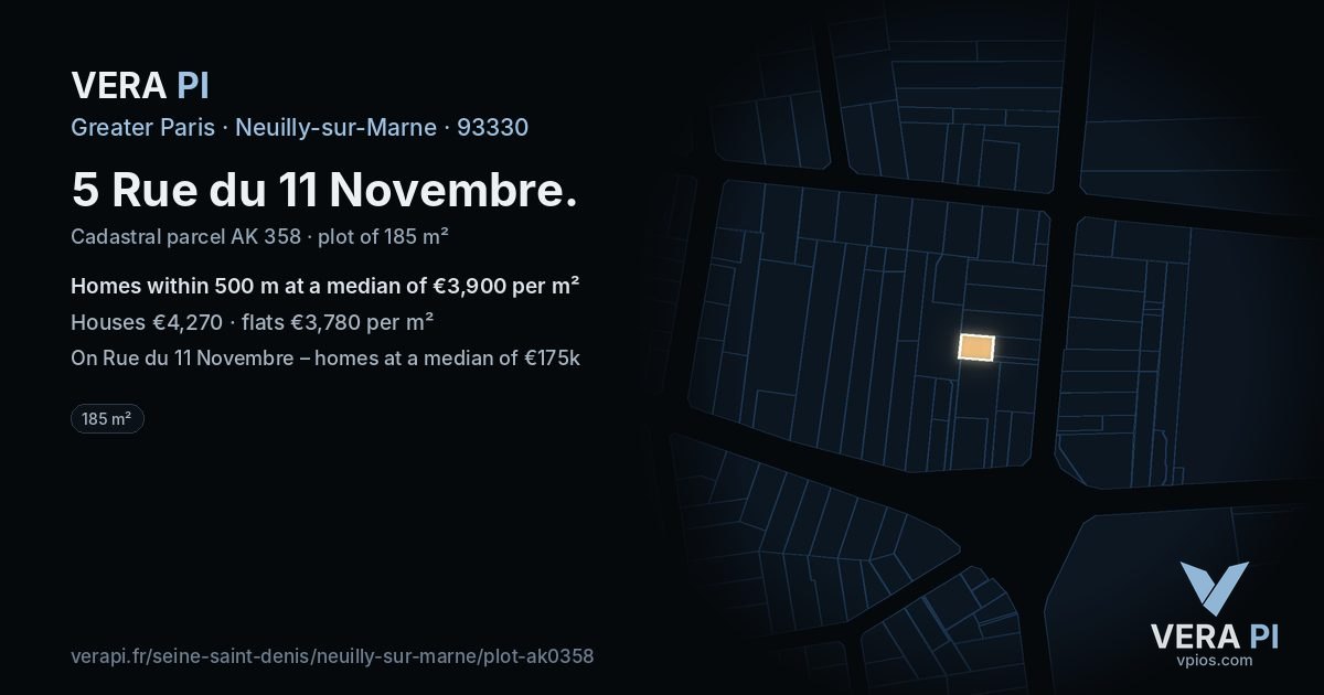 5 Rue du 11 Novembre, Neuilly-sur-Marne at night – the plot lit, the parcels around coloured by the prices near them