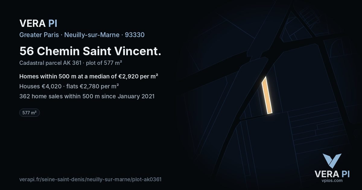 56 Chemin Saint Vincent, Neuilly-sur-Marne at night – the plot lit, the parcels around coloured by the prices near them