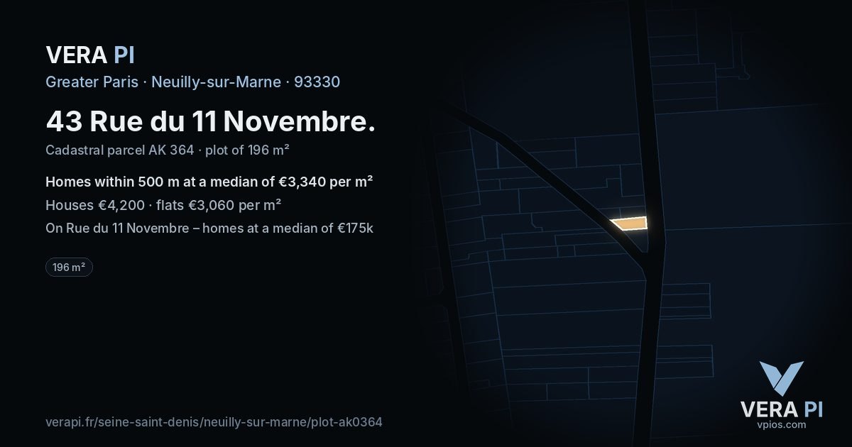 43 Rue du 11 Novembre, Neuilly-sur-Marne at night – the plot lit, the parcels around coloured by the prices near them